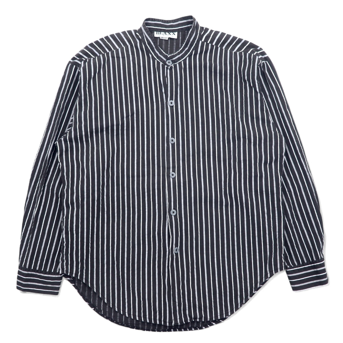 日本然リトテ-古着オンライン-USA製 90年代 BLAXX メタルボタン バンドカラーシャツ L ブラック ストライプ コットン-USA Made 90's BLAXX Metal Button Band Collar Shirt L Black Striped Cotton