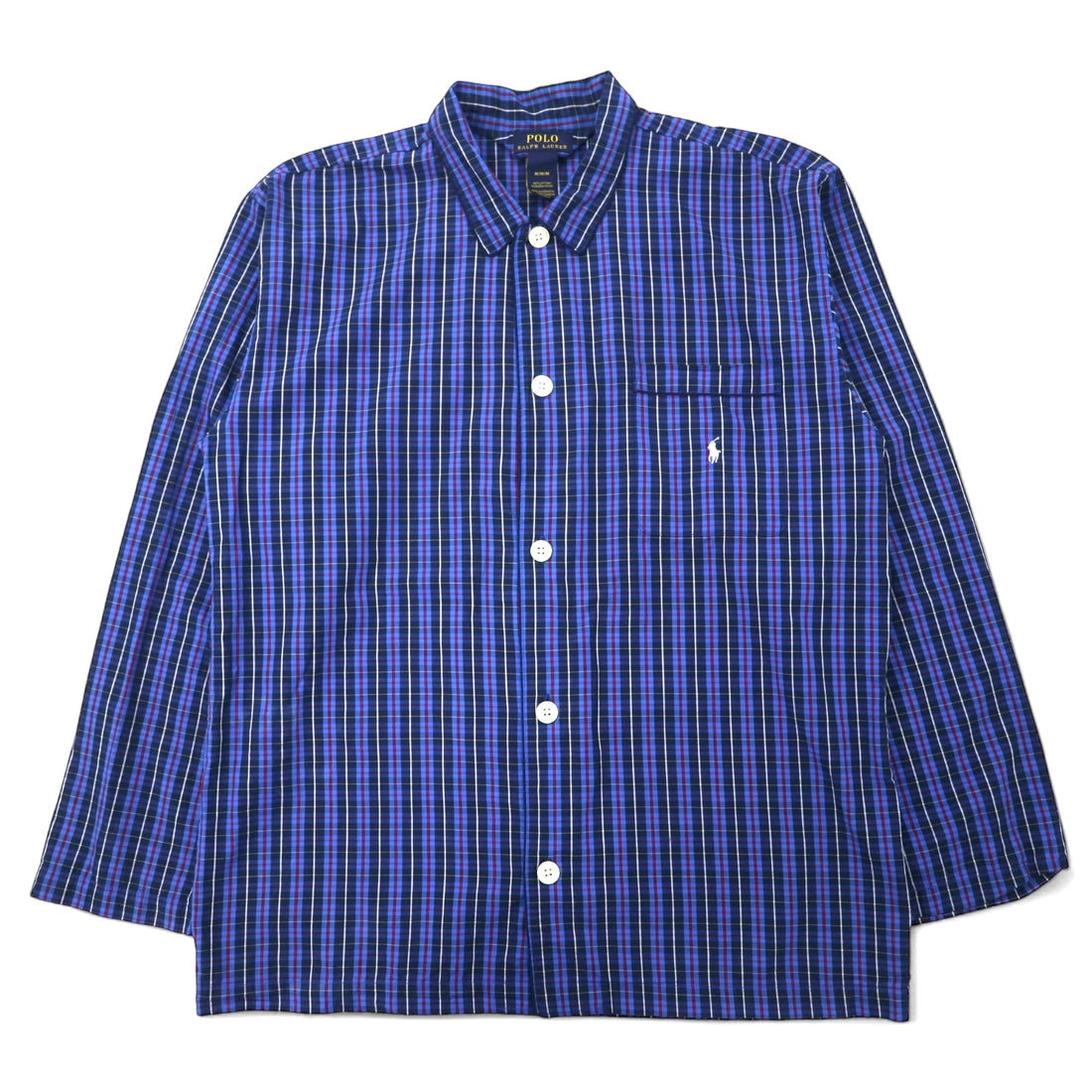 日本然リトテ-古着オンライン-POLO RALPH LAUREN ボックス パジャマシャツ M ブルー チェック コットン スモールポニー 刺繍-POLO RALPH LAUREN Box Pajama Shirt M Blue Checked Cotton Small Pony Embroidery