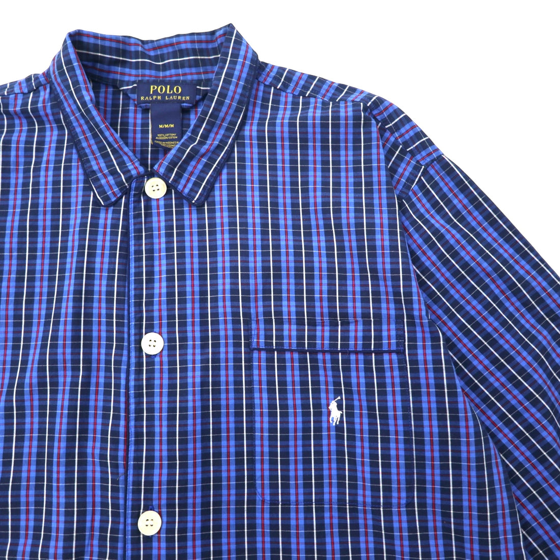 POLO RALPH LAUREN Box Pajama Shirt M Blue Check Cotton Small Pony Embroidery
