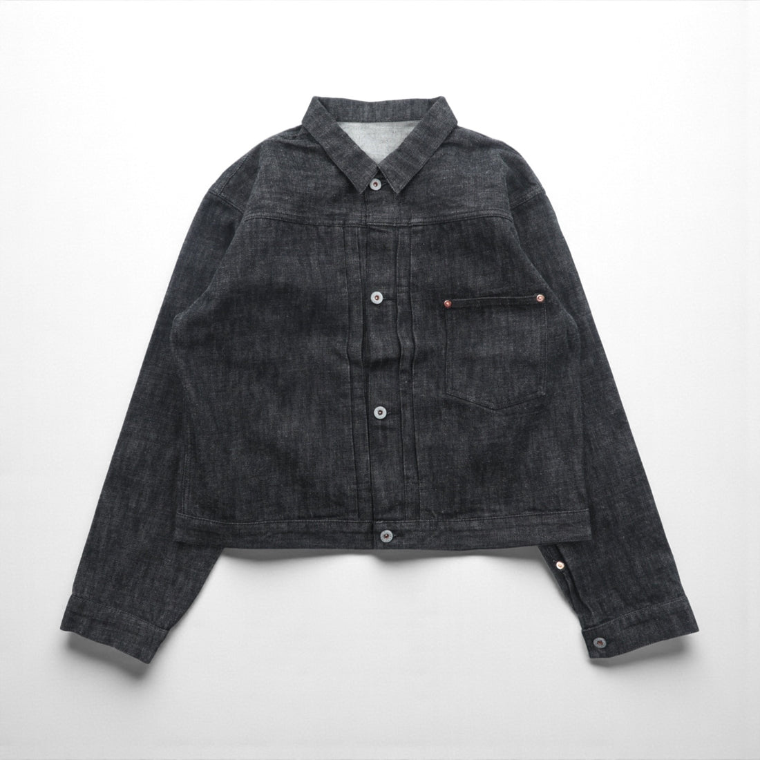 VINTAGE Replica 1st Type Wartime Model Denim Jacket, Size XL, Black, 13.5 oz, Selvedge, Red Cinch Back, Pleated, Laurel Buttons, Reprint, Unused
