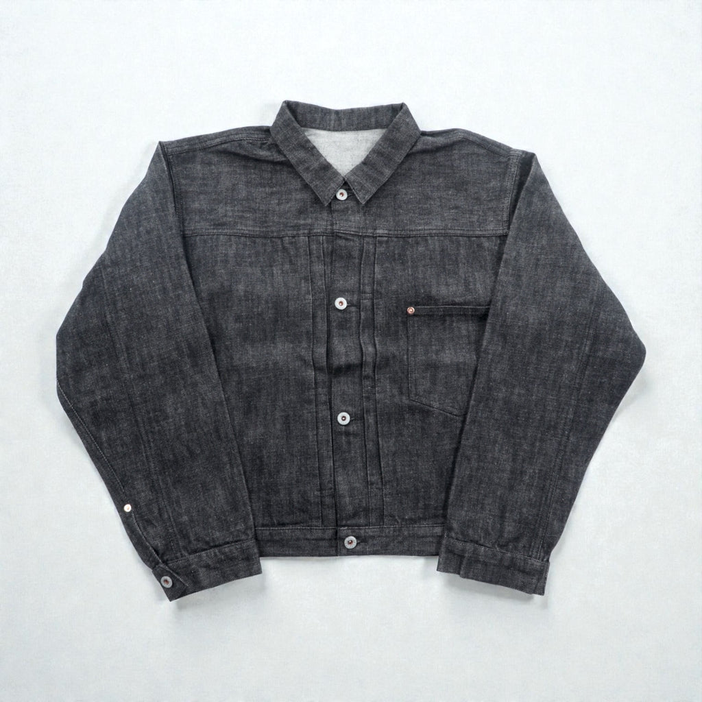 VINTAGE レプリカ 1st タイプ 大戦モデル デニムジャケット Gジャン XL ブラック 13.5OZ セルヴィッチ 赤耳 シンチバック プリーツ 月桂樹ボタン 復刻 未使用品
