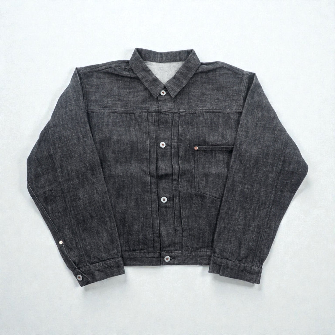 VINTAGE レプリカ 1st タイプ 大戦モデル デニムジャケット Gジャン XL ブラック 13.5OZ セルヴィッチ 赤耳 シンチバック プリーツ 月桂樹ボタン 復刻 未使用品