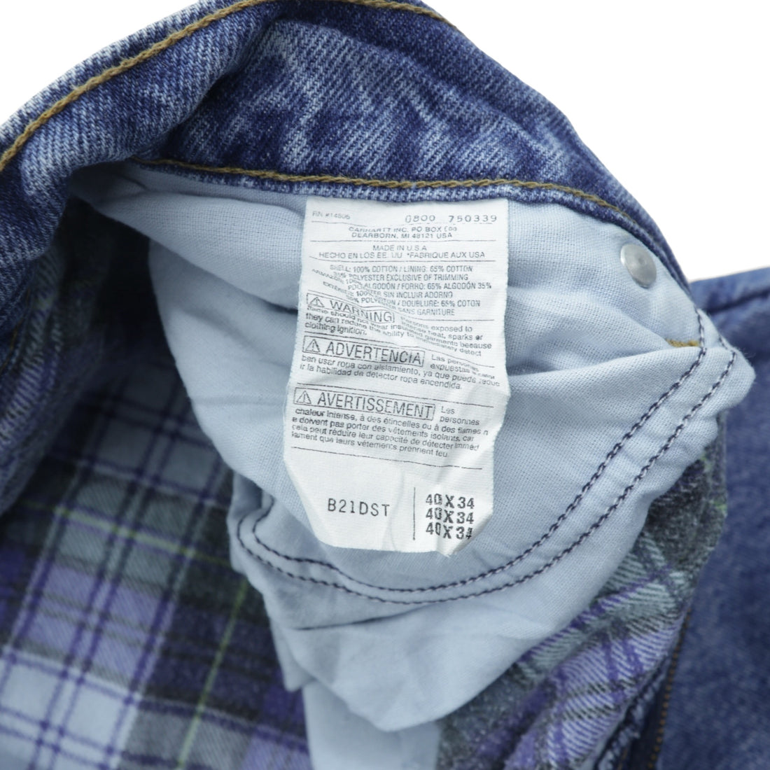 Carhartt Made in USA Flannel Lined Denim Pants, Jeans, XL, Indigo Lining, Check, Big Size B21DST
