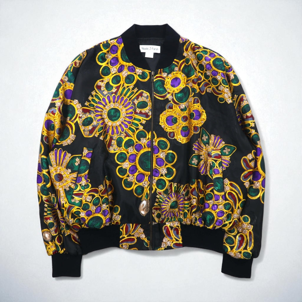 90s Vintage Bomber Jacket by Nicole/J-Farah, Satin Jacket, Blouson, Size L, Black, All-Over Print, 90s