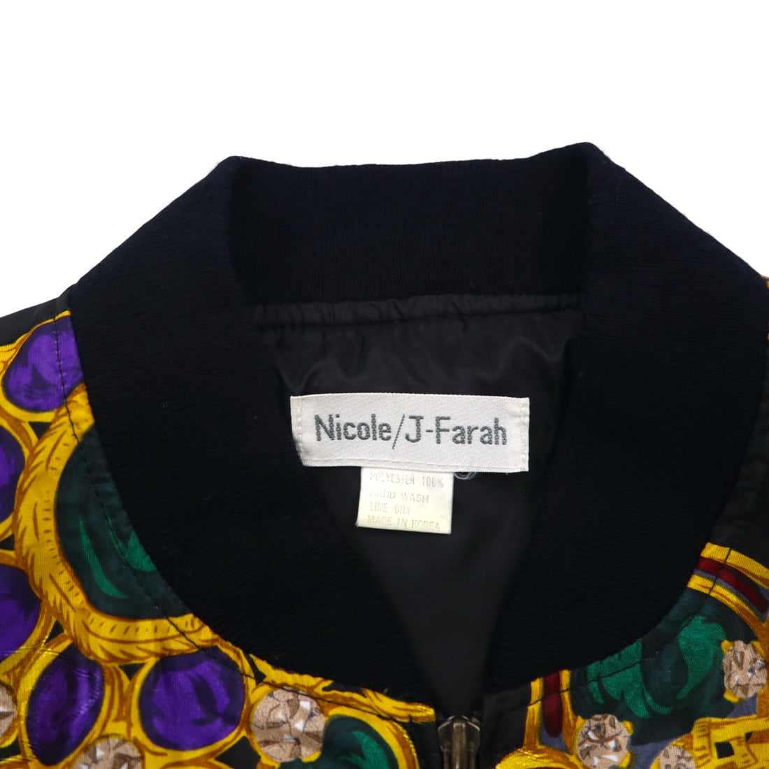 90s Vintage Bomber Jacket by Nicole/J-Farah, Satin Jacket, Blouson, Size L, Black, All-Over Print, 90s