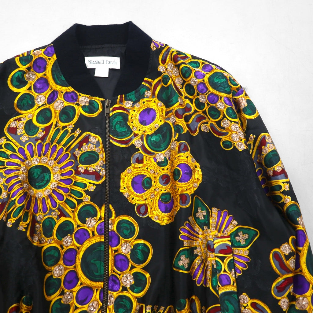 90s Vintage Bomber Jacket by Nicole/J-Farah, Satin Jacket, Blouson, Size L, Black, All-Over Print, 90s