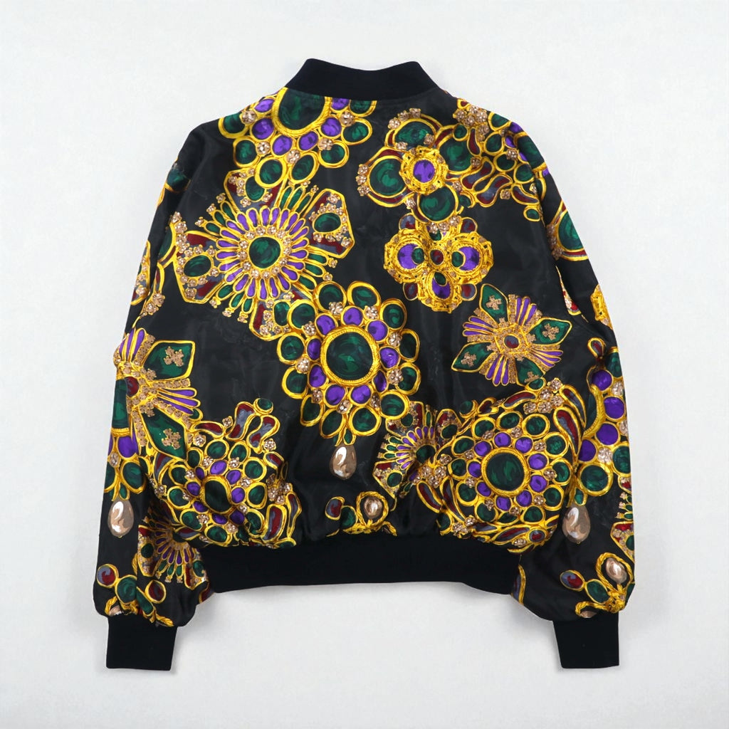 90s Vintage Bomber Jacket by Nicole/J-Farah, Satin Jacket, Blouson, Size L, Black, All-Over Print, 90s