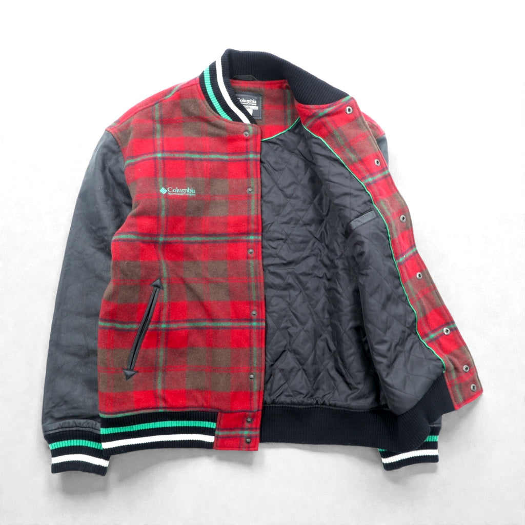 Columbia 00s Leather Varsity Jacket, XL, Red Wool, Gilcrest Check, PM3341, XCO Cowhide