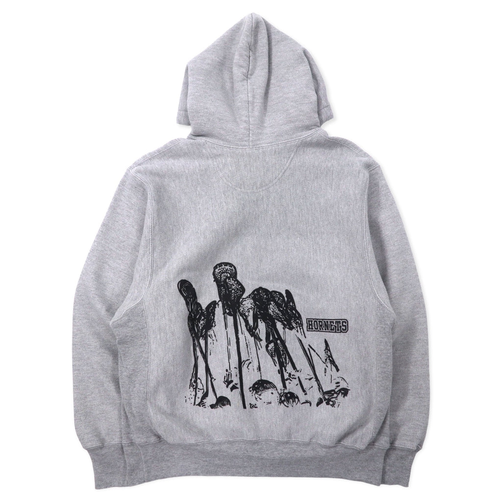 Champion 00年代 プレミアム リバースウィーブ パーカー M グレー コットン 裏起毛 HORNETS LACROSSE アーチロゴ 3段プリント PREMIUM REVERSE WEAVE