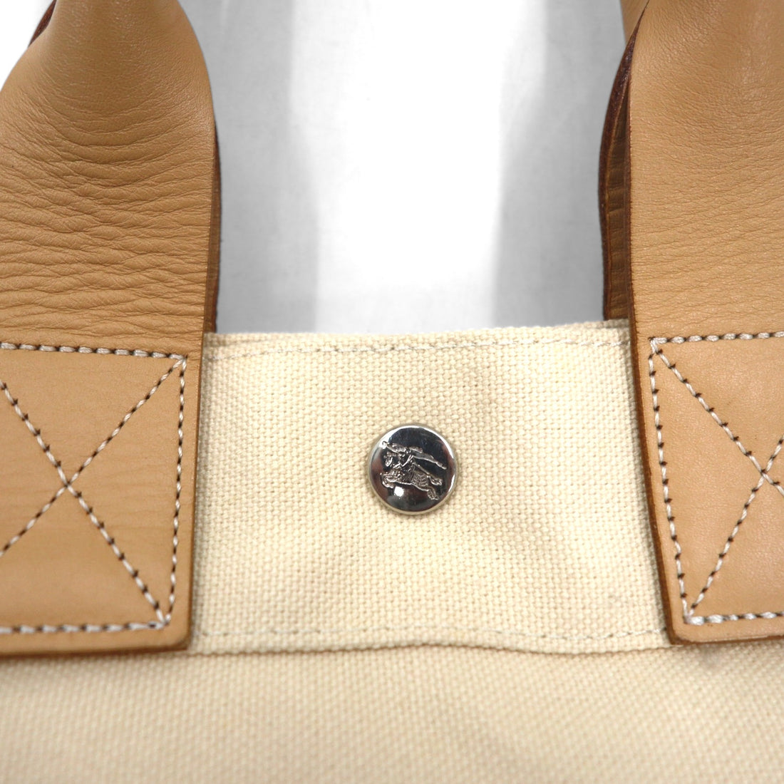 BURBERRY BLUE LABEL Leather Handle Canvas Tote Bag Cream Cowhide Leather Made in Japan