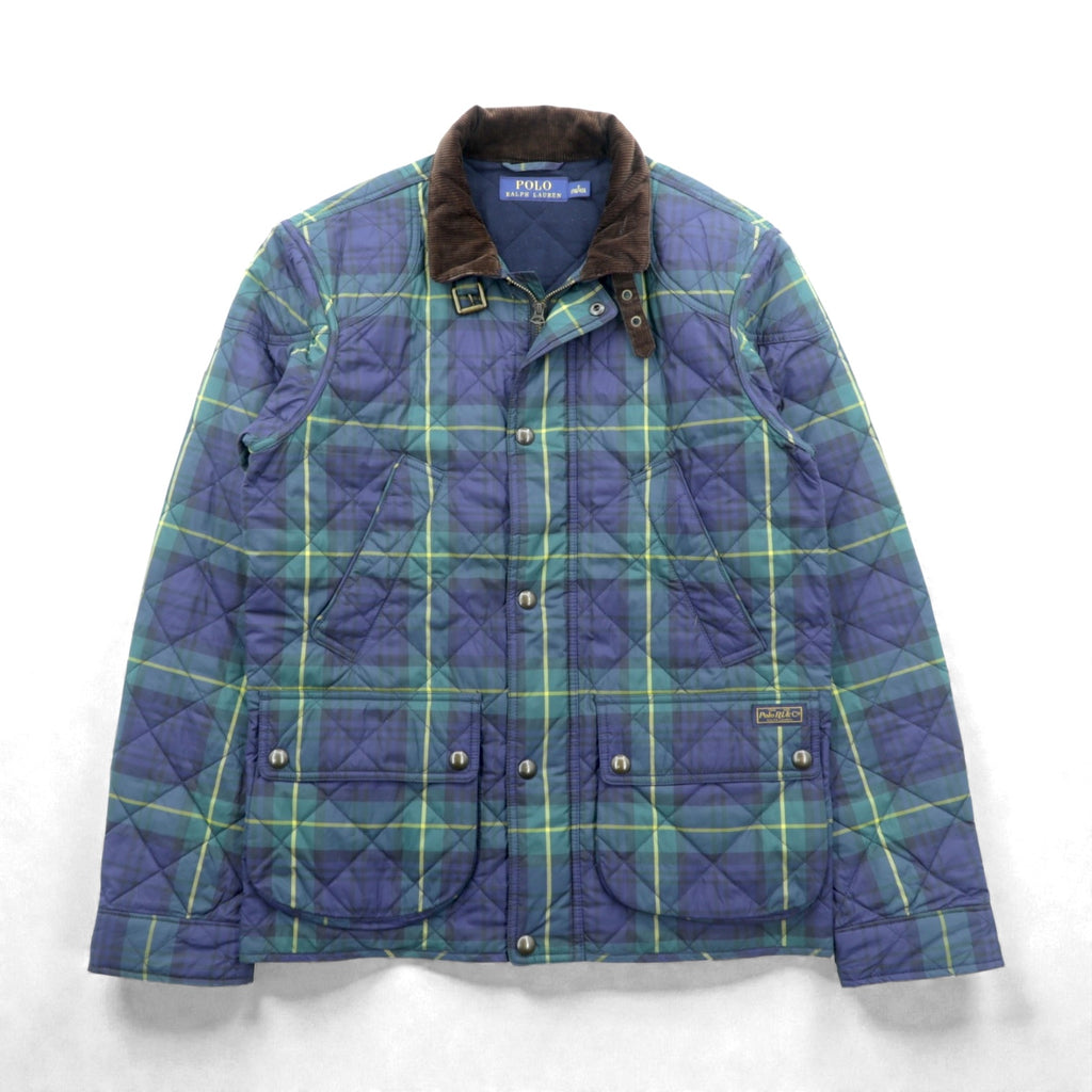 Polo Ralph Lauren Black Quilted Jacket, Medium, Green Check, Corduroy Collar, Chin Strap