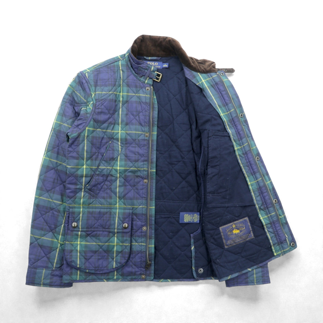 Polo Ralph Lauren Black Quilted Jacket, Medium, Green Check, Corduroy Collar, Chin Strap