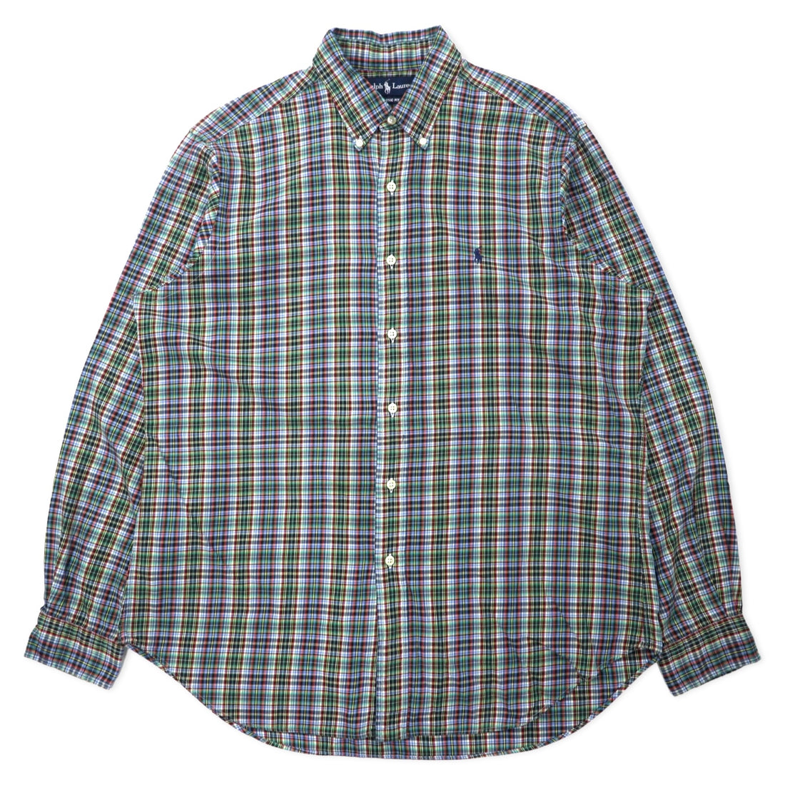 日本然リトテ-古着オンライン-Ralph Lauren ウィンドペンチェック ボタンダウンシャツ L ブルー カーキ コットン CLASSIC FIT スモールポニー刺繍-Ralph Lauren Windpen Checked button-down Shirts L Blue Khaki Cotton CLASSIC FIT Small Pony Embroidery