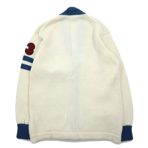 90s LANG DICK Lettered Cardigan L Cream Wool Patch Made in Japan