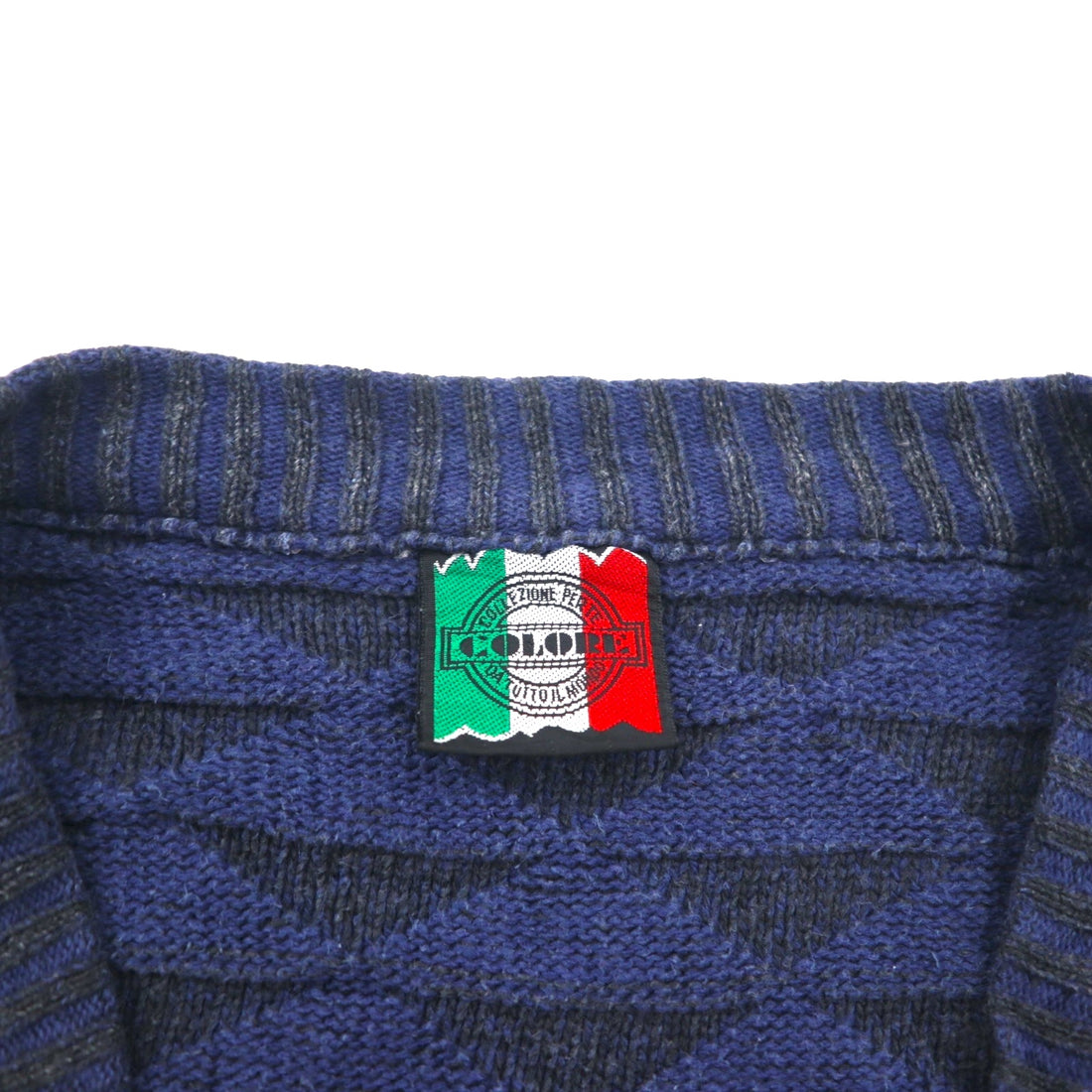 90s Italy Vintage Cardigan COLORE 90年代 ジャガード カーディガン 3D ニット XL ネイビー