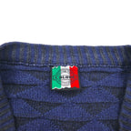 90s Italy Vintage Cardigan COLORE 90年代 ジャガード カーディガン 3D ニット XL ネイビー
