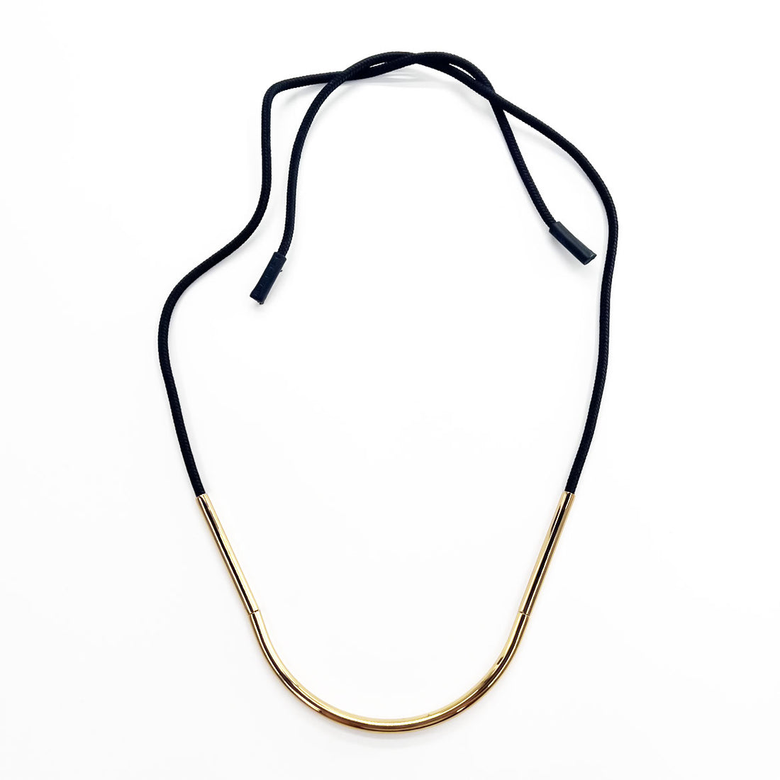 MARNI Gold Tone Metal Tube Black Rope Cord Necklace Choker Long Ribbon Adjustable
