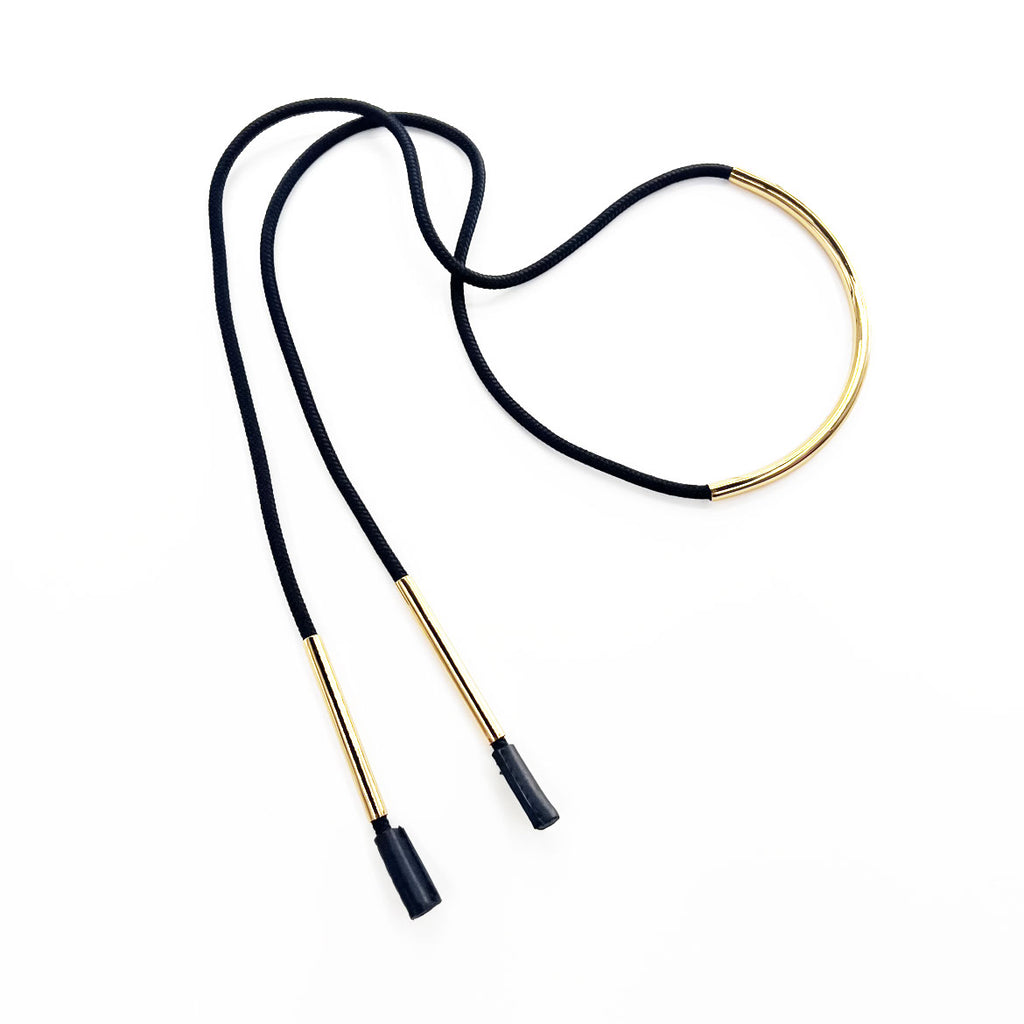 MARNI Gold Tone Metal Tube Black Rope Cord Necklace Choker Long Ribbon Adjustable