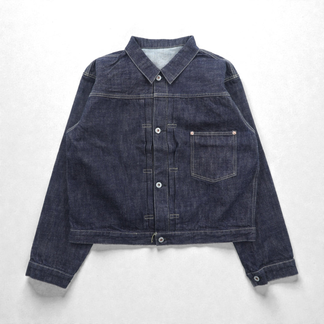 VINTAGE Replica 1st Type Wartime Model Denim Jacket, Size XL, Indigo, 13.5 oz, Selvedge, Red Cinch Back, Pleated, Laurel Buttons, Reprint, Unused
