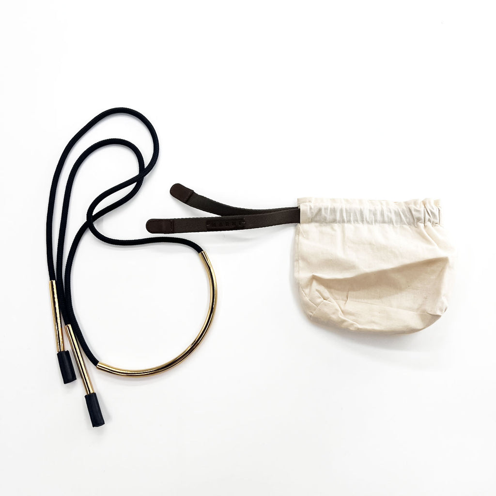 MARNI Gold Tone Metal Tube Black Rope Cord Necklace Choker Long Ribbon Adjustable