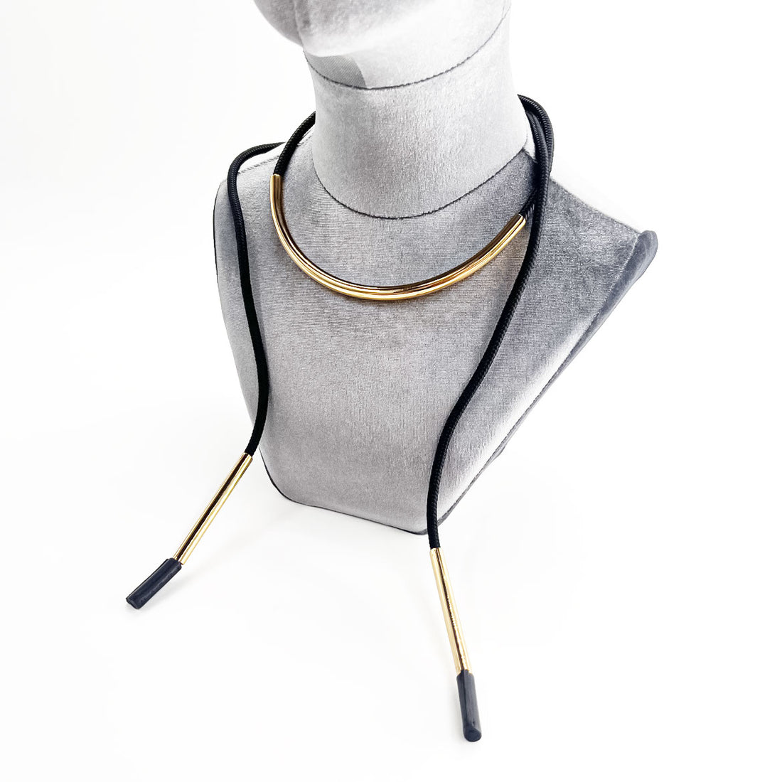 MARNI Gold Tone Metal Tube Black Rope Cord Necklace Choker Long Ribbon Adjustable