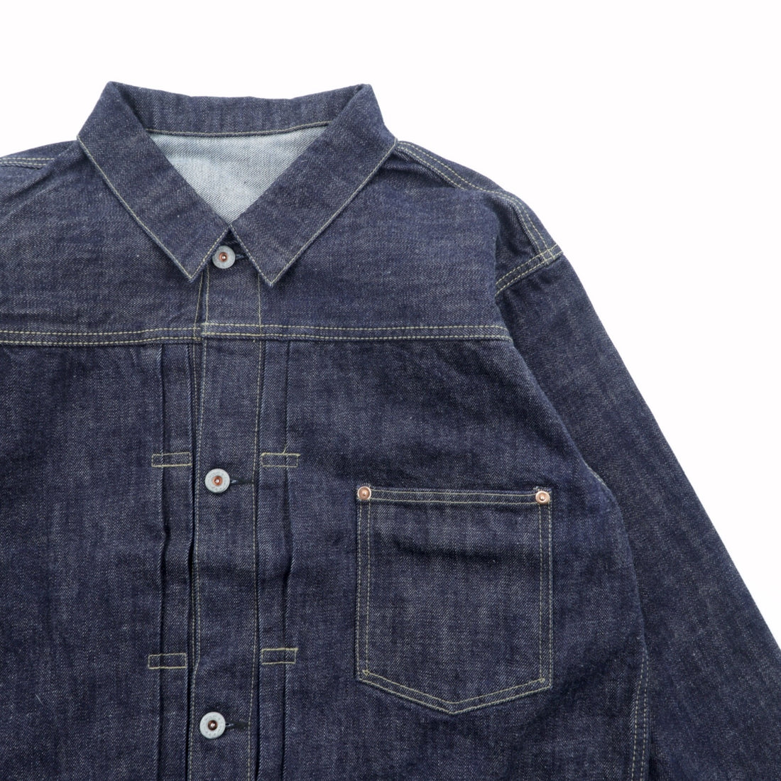 VINTAGE レプリカ 1st タイプ 大戦モデル デニムジャケット Gジャン XL インディゴ 13.5OZ セルヴィッチ 赤耳 シンチバック プリーツ 月桂樹ボタン 復刻 未使用品