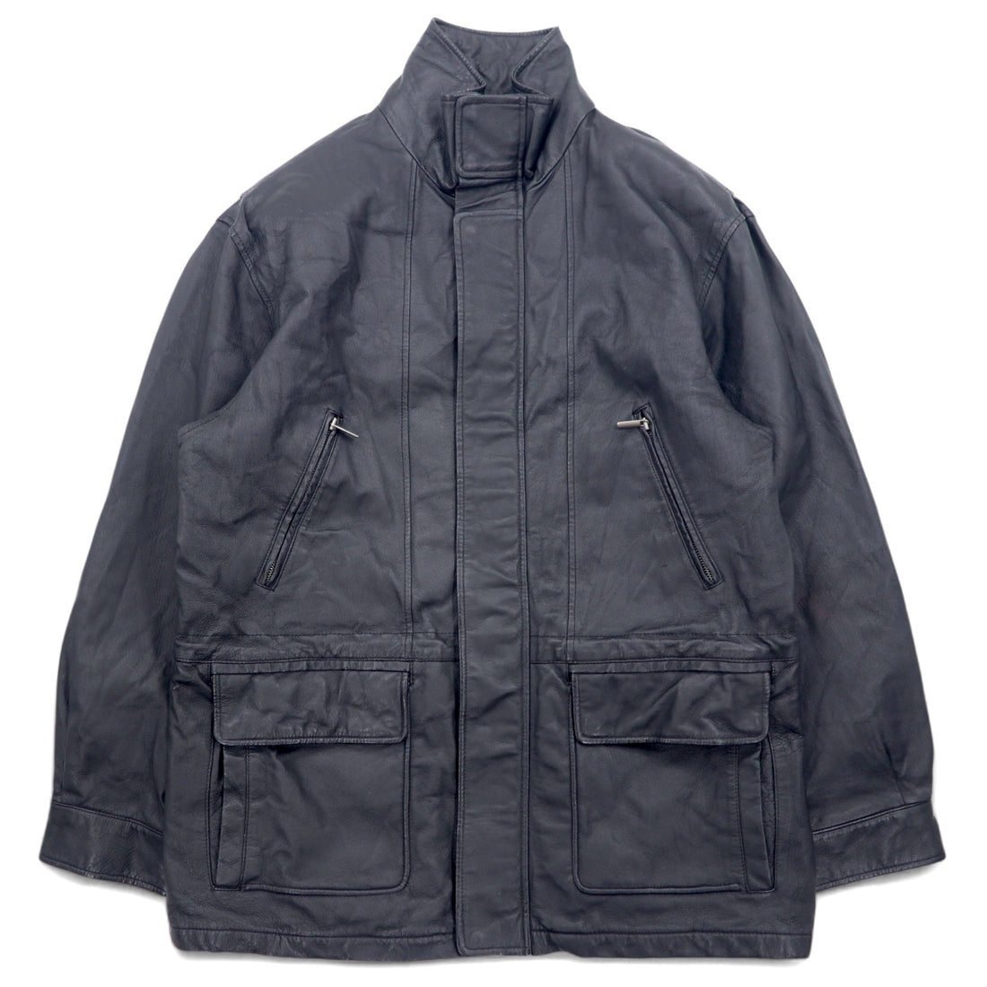 日本然リトテ-古着オンライン-TOWN by London Fog 90年代 スタンドカラー レザーカーコート 中綿 ダブルジップ ジャケット L ブラック ドローコード-TOWN by London Fog 90's Stand Collar Leather Car Coat Filling Double Zip Jacket L Black Drawcord