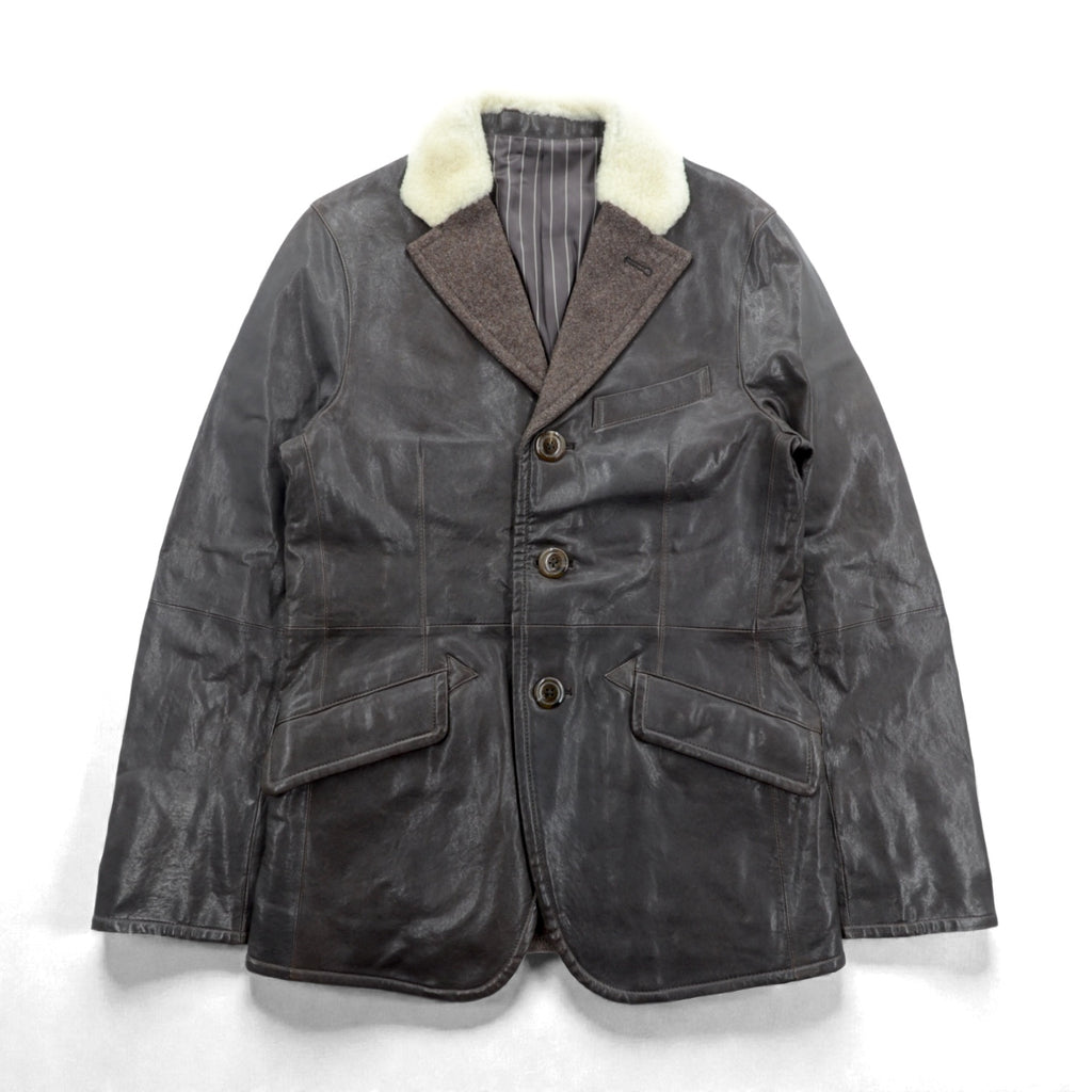 Genten Boa Lamb Leather 3B Tailored Jacket, Size M, Brown Sheepskin Tweed with Wool Trim