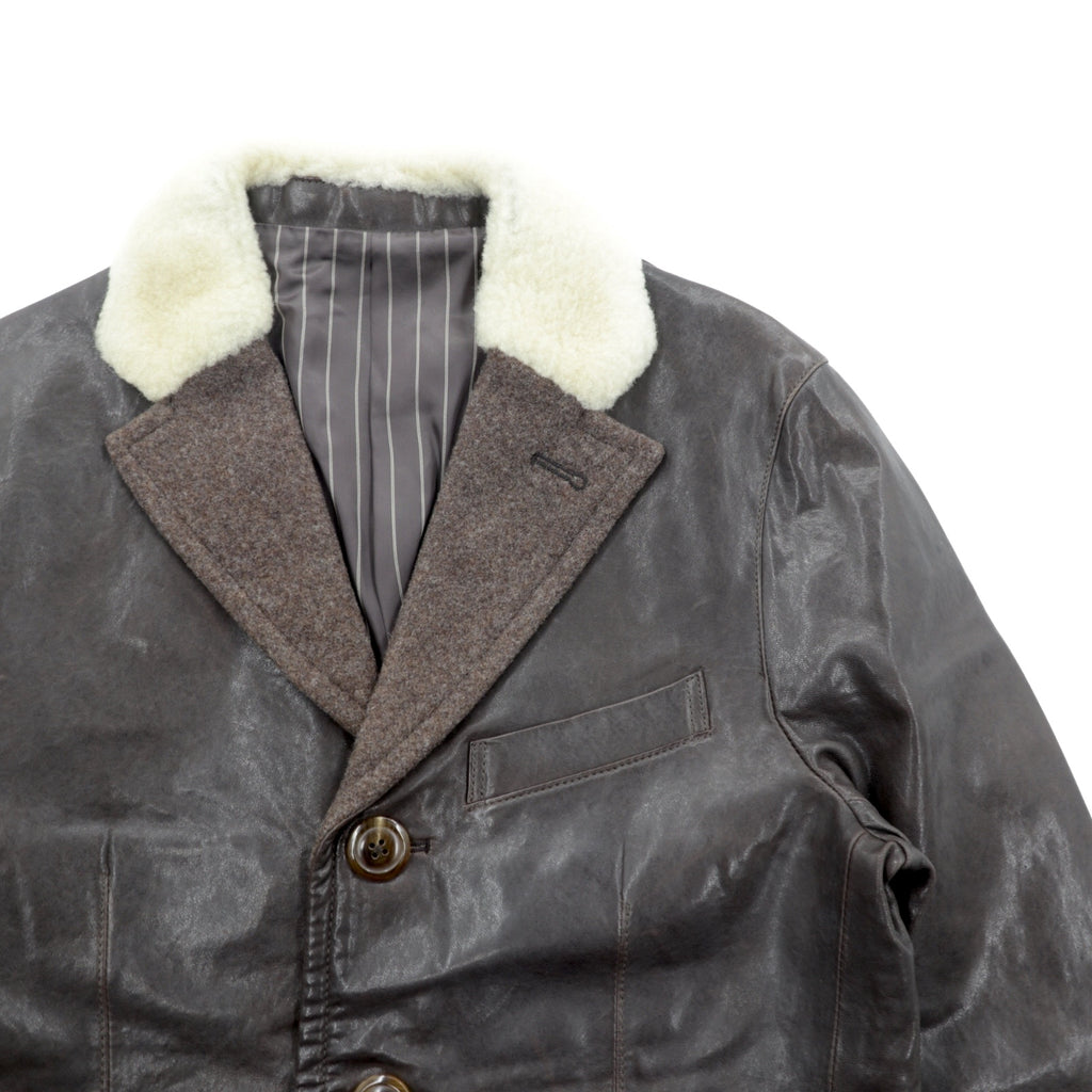 Genten Boa Lamb Leather 3B Tailored Jacket, Size M, Brown Sheepskin Tweed with Wool Trim