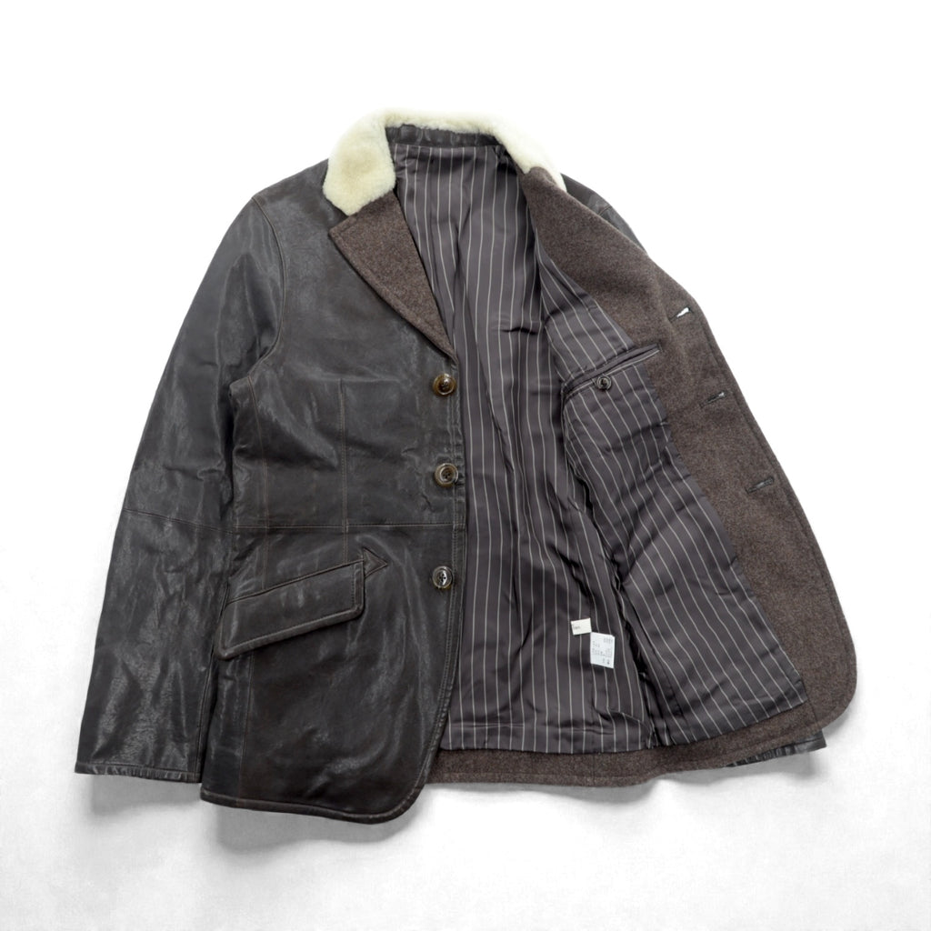 Genten Boa Lamb Leather 3B Tailored Jacket, Size M, Brown Sheepskin Tweed with Wool Trim