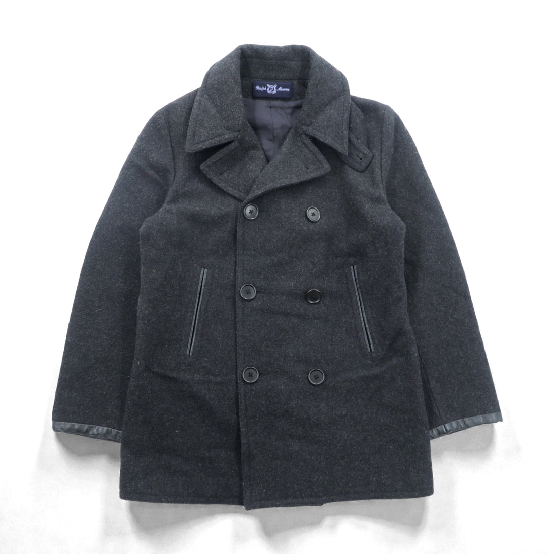 POLO SPORT RALPH LAUREN 90s Double-Breasted Pea Coat, Size M, Gray, Melton, Chin Strap, Made in Japan