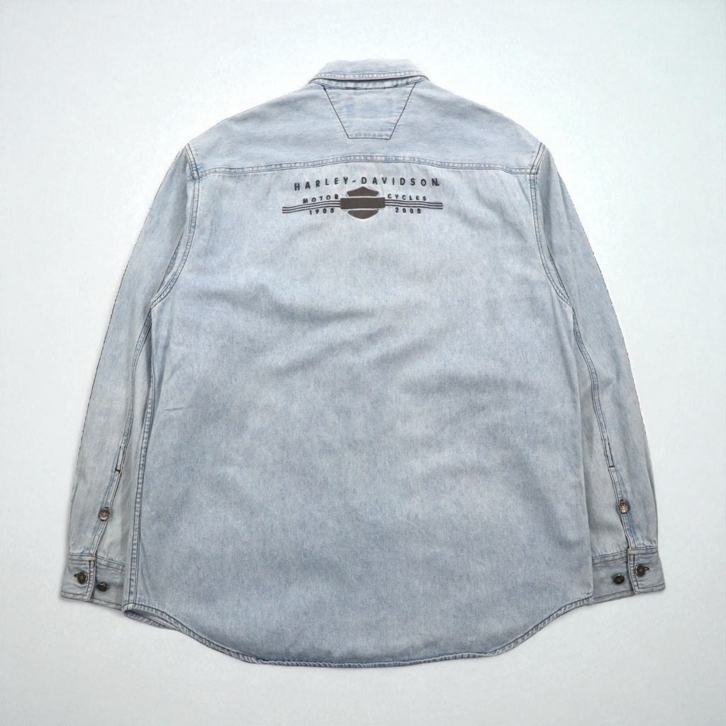HARLEY DAVIDSON アイスウォッシュ デニムシャツ L ライトブルー コットン バックロゴ刺繍
