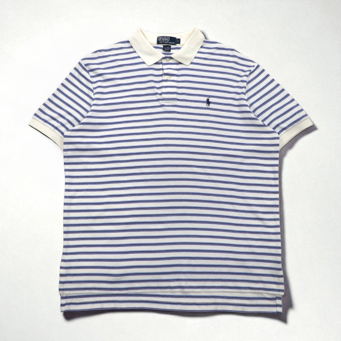 Polo by Ralph Lauren 90s Striped Polo Shirt L White Blue Cotton Small Pony Embroidery