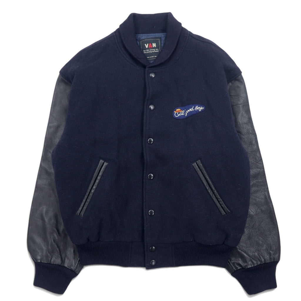 日本然リトテ-古着オンライン-VAN -JAC- 80年代 袖レザー スタジャン L ネイビー ウール 牛革 日本製-VAN -JAC- 80's Sleeve Leather Varsity Jacket L Navy Wool Cowhide Japan Made
