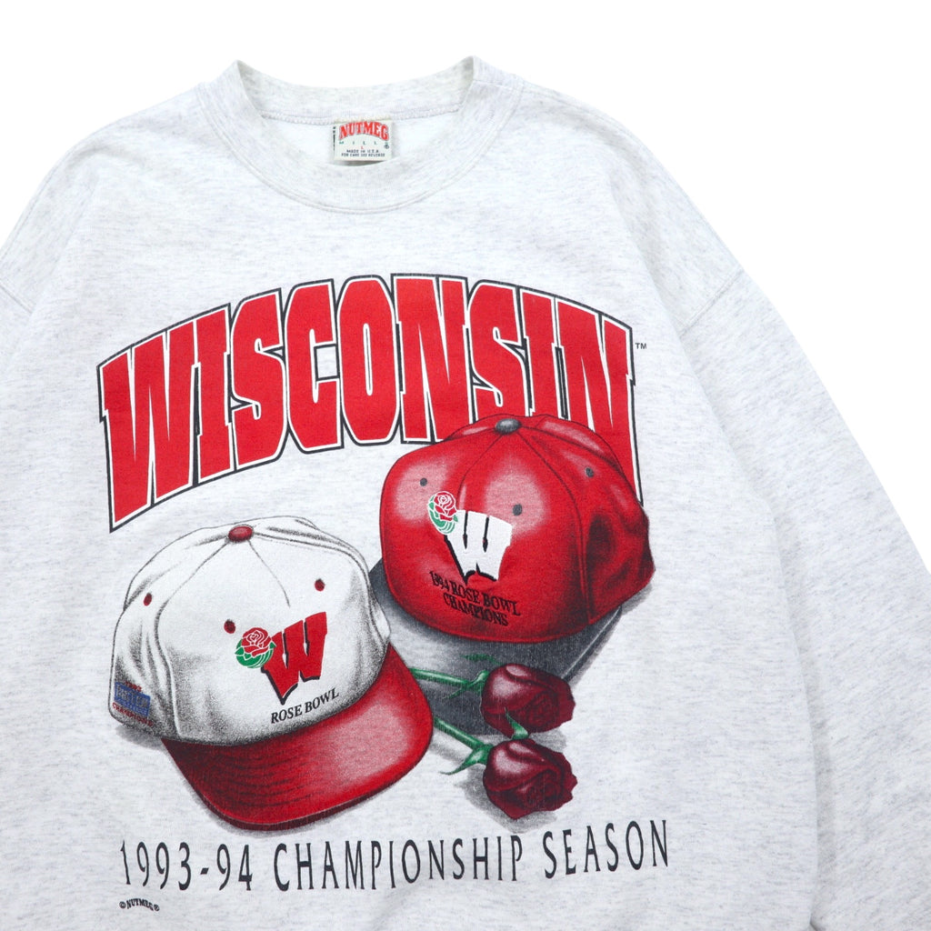 Made in USA 90s NUTMEG Football Print Sweatshirt L Grey Cotton WISCONSIN ROSE BOWL