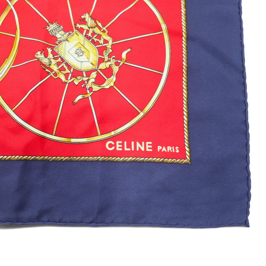 CELINE Made in Italy Large Scarf Red Navy All-over Print Silk Emblem
