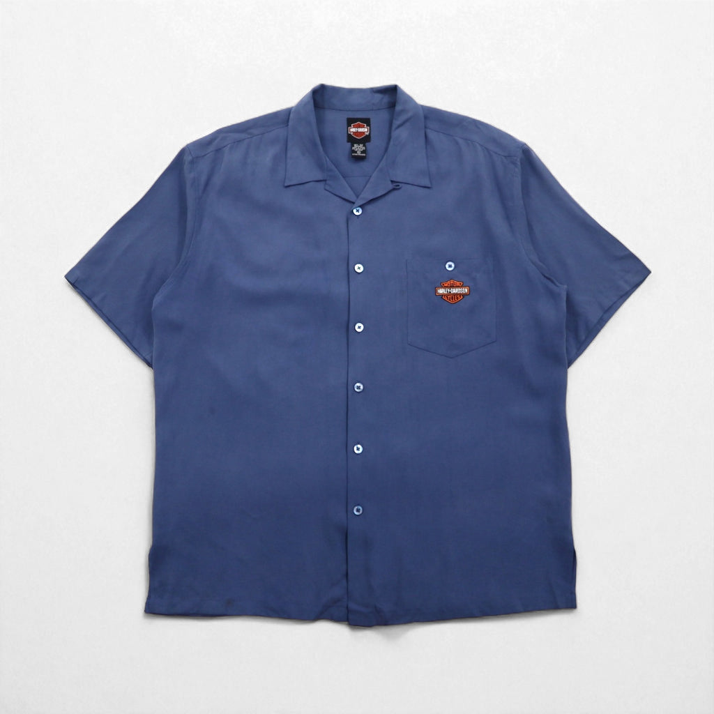 HARLEY DAVIDSON Open-collar Silk Short-sleeve Aloha Shirt XL Navy Hawaiian Embroidery