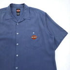 HARLEY DAVIDSON Open-collar Silk Short-sleeve Aloha Shirt XL Navy Hawaiian Embroidery