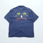 HARLEY DAVIDSON Open-collar Silk Short-sleeve Aloha Shirt XL Navy Hawaiian Embroidery