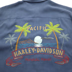 HARLEY DAVIDSON Open-collar Silk Short-sleeve Aloha Shirt XL Navy Hawaiian Embroidery