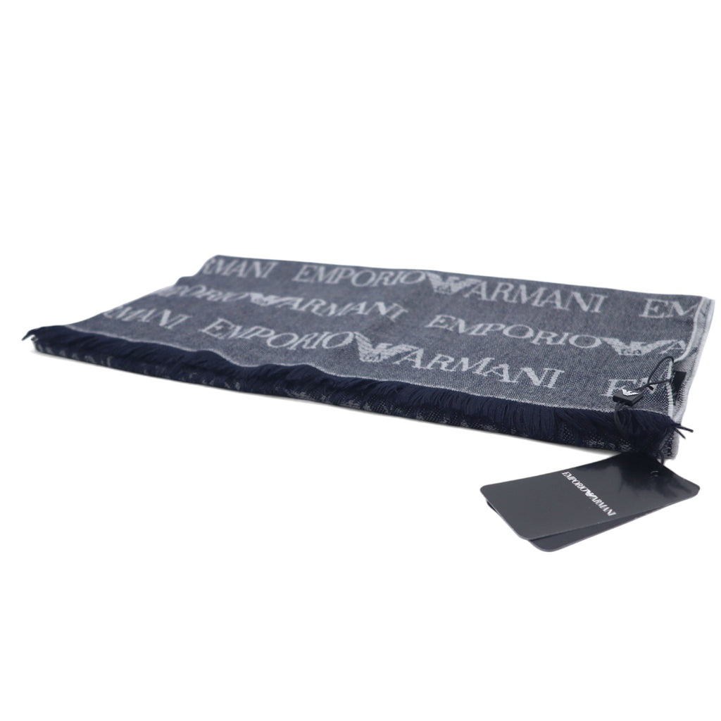 EMPORIO ARMANI Made in Italy Monogram All-Over Logo Scarf Navy Grey Reversible Wool 625053 CC786 Unused