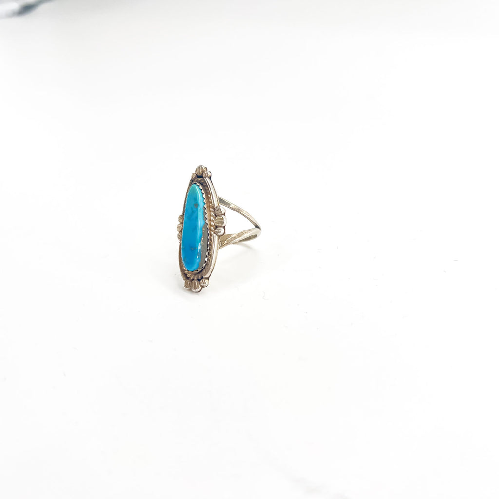 Vintage Navajo Style Turquoise Sterling Silver Long Oval Ring JP15 US7.5 Native