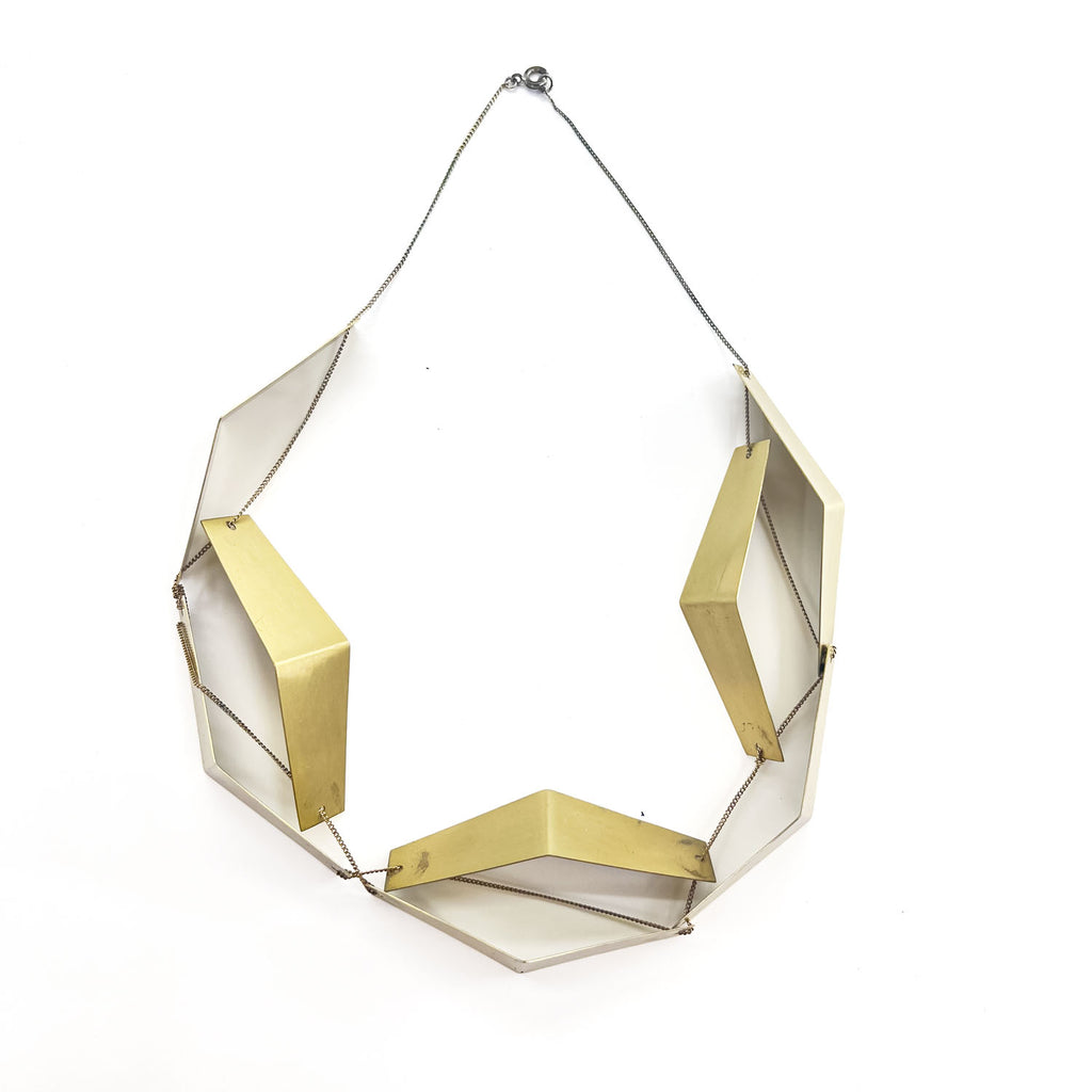 MARNI Geometric Folded Metal Plate Statement Necklace Gold Silver Tone Modernist