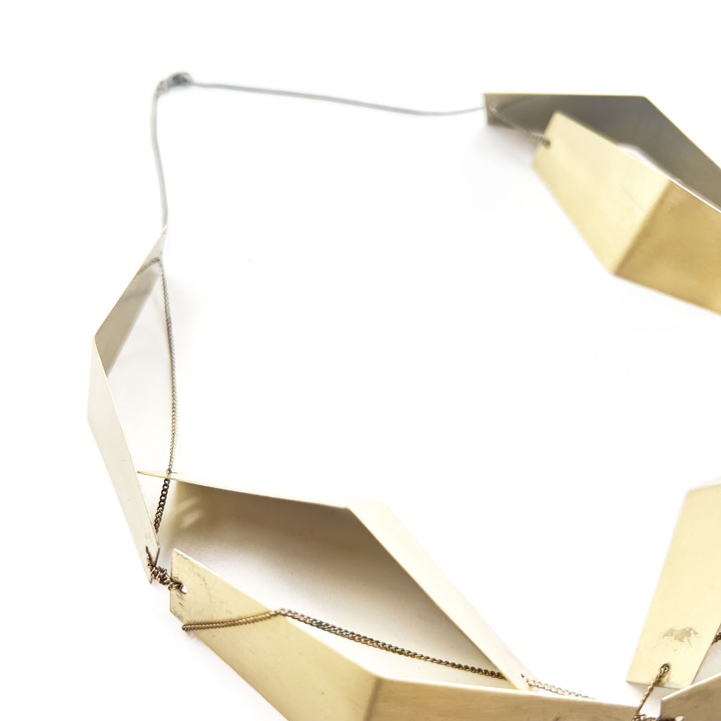 MARNI Geometric Folded Metal Plate Statement Necklace Gold Silver Tone Modernist