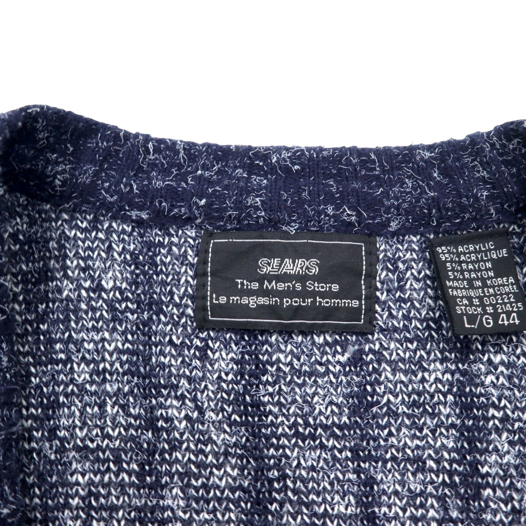 SEARS 80s Acrylic Rib Knit Cardigan L Blue Border