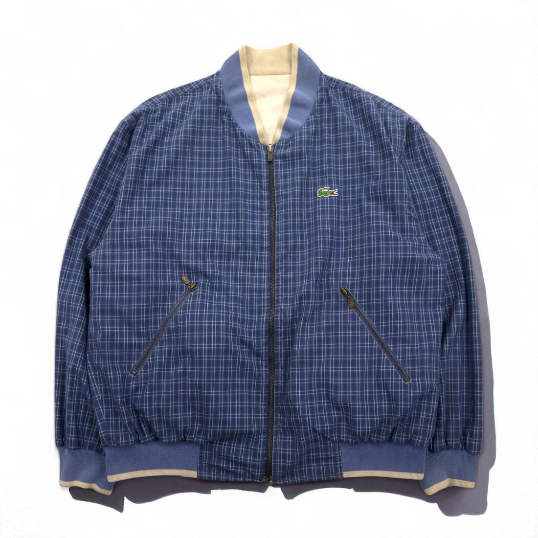 LACOSTE 80年代 リバーシブル スウィングトップ ハリントンジャケット XL ネイビー ベージュ チェック ワンポイントロゴ