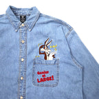 WARNER BROS. 90s Big Size Character Embroidered Denim Shirt M Blue Cotton LOONEY TUNES Wile E. Coyote