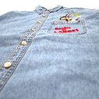 WARNER BROS. 90s Big Size Character Embroidered Denim Shirt M Blue Cotton LOONEY TUNES Wile E. Coyote