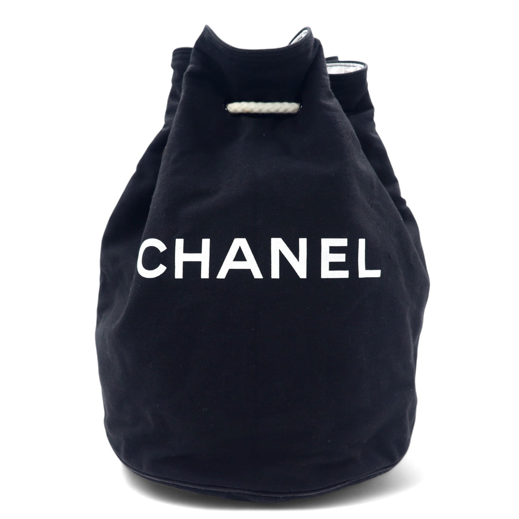 日本然リトテ-古着オンライン-CHANEL 巾着 プールバッグ ワンショルダーバッグ ブラック キャンバス ロゴ プリント ノベルティー-CHANEL Drawstring Pool Bag One Shoulder Bag Black Canvas Logo Print Novelty
