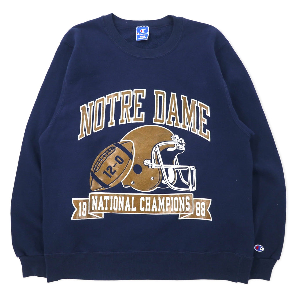 日本然リトテ-古着オンライン-Champion USA製 90年代 カレッジ プリント スウェット L ネイビー コットン 裏起毛 NCAA フットボール NOTRE DAME 3段プリント アーチロゴ 刺繍タグ-Champion USA Made 90's College Print Sweatshirt L Navy Cotton Brushed Lining NCAA Football NOTRE DAME 3 Tier Print Arch Logo Embroidery Tag